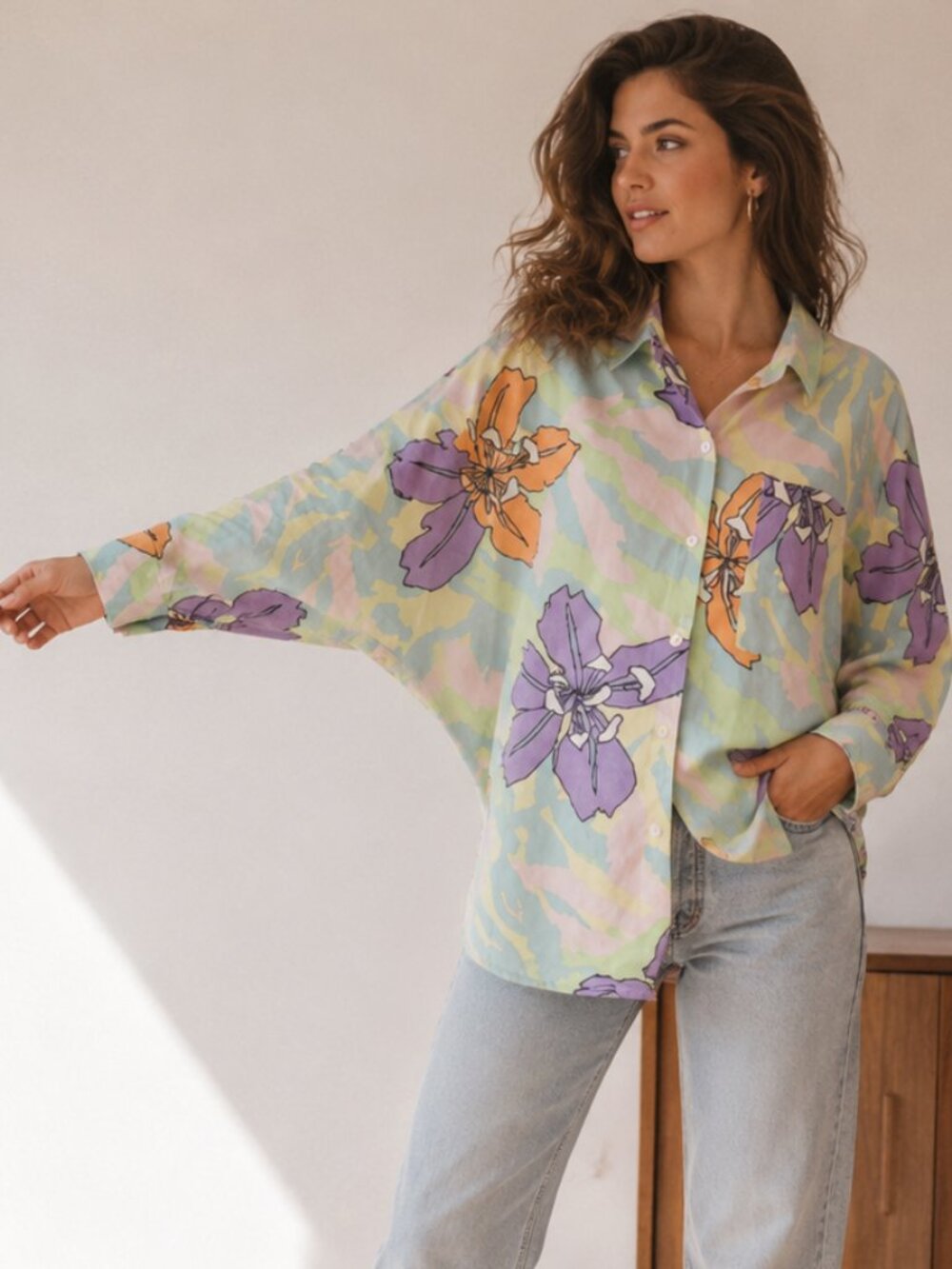 Vtg 80s plain vanilla pastel floral dolman button up shirt